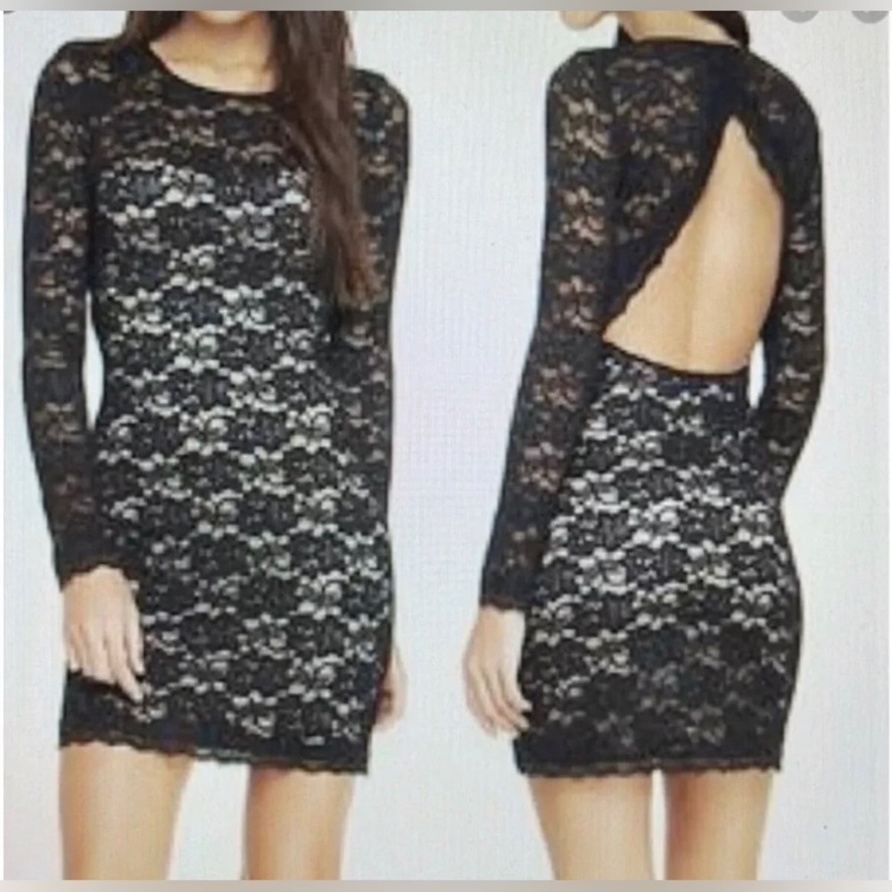 Express Black Lace Dress Open-Back Mini Bodycon Long Sleeve Fitted Stretch New M